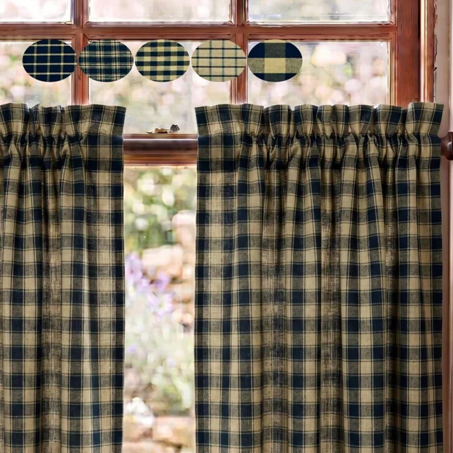 product Image for Black & Tan Plaid and Check Curtains: Primitive Country Kitchen Tiers
