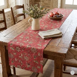 Garance Red Pivoine Florals Cotton Table Runner, Placemats, Napkins