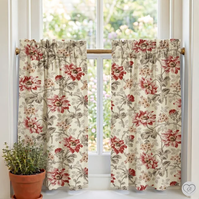 Additional Image for French Country Floral Café Curtains | Shabby Chic Rose Kitchen Tiers | Cottagecore Decor