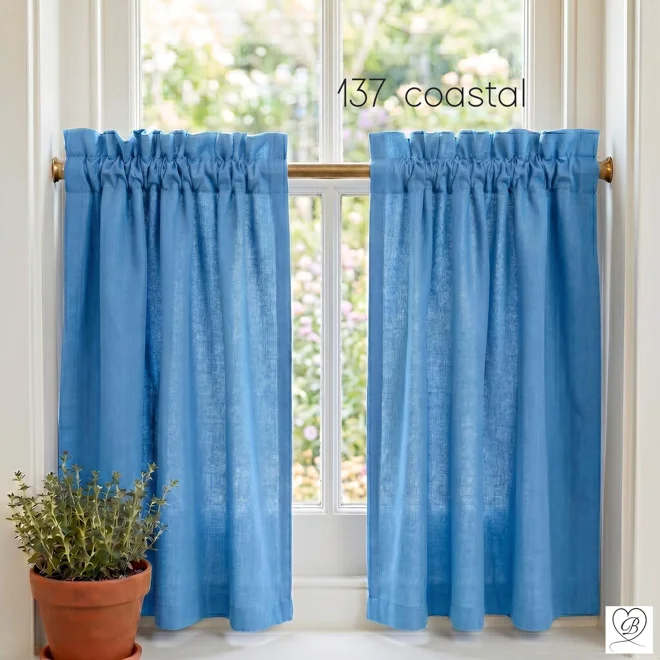 Additional Image for Blue Cotton Cafe Curtains, Custom Window Tiers for Kitchen or Bathroom
