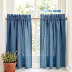 Blue Cotton Cafe Curtains, Custom Window Tiers for Kitchen or Bathroom