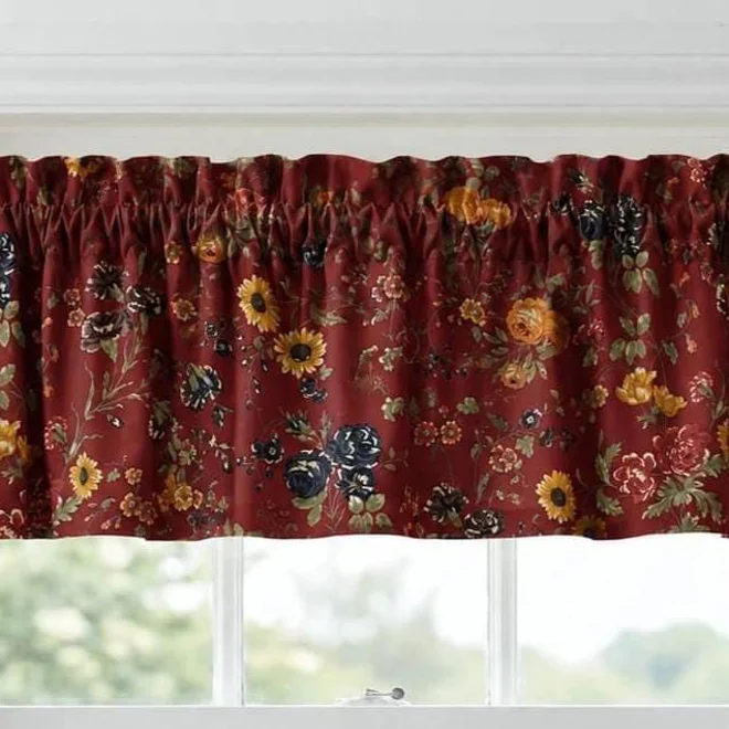 Additional Image for Sunflower & Rose Cottage Cotton Valance - burgundy red