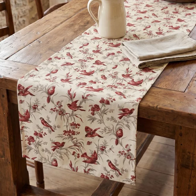 Additional Image for French Country Red Finch Toile Cotton Table Runner, Placemats, & Napkins