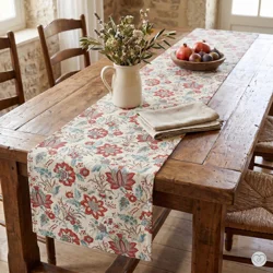 Red & Blue Pivoine Florals Cotton Table Runner, Placemats, Napkins