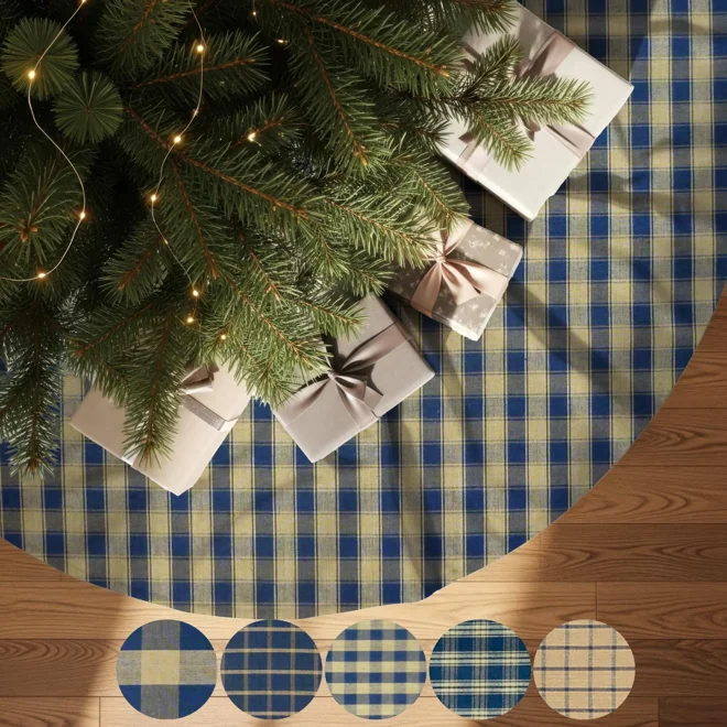 product Image for Blue & Tan Plaid Tree Skirt: Rustic Farmhouse Christmas