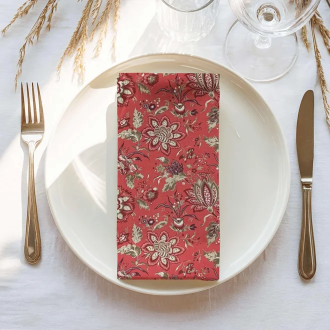 Additional Image for Garance Red Pivoine Florals Cotton Table Runner, Placemats, Napkins