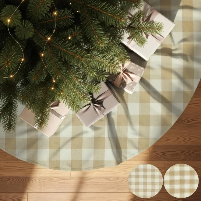 product Image for Cream & Beige Plaid Tree Skirt: Rustic Farmhouse Christmas
