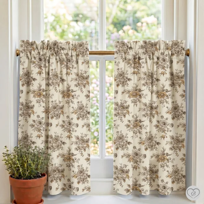 Additional Image for Taupe Cosmos French Country Floral Cafe Curtains