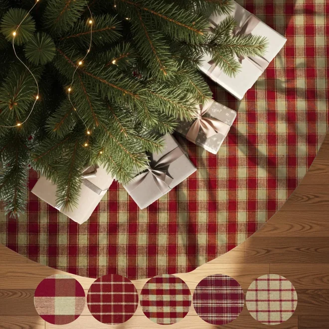 product Image for Red & Tan Plaid Tree Skirt: Rustic Farmhouse Christmas