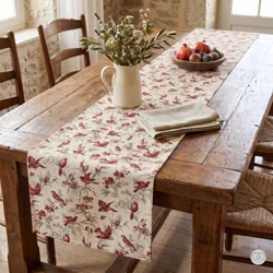 French Country Red Finch Toile Cotton Table Runner, Placemats, & Napkins