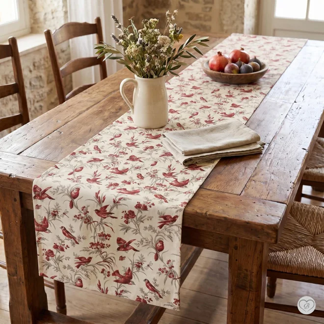 product Image for French Country Red Finch Toile Cotton Table Runner, Placemats, & Napkins