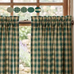 Green & Tan Plaid Curtains: Homespun Country Kitchen Tiers