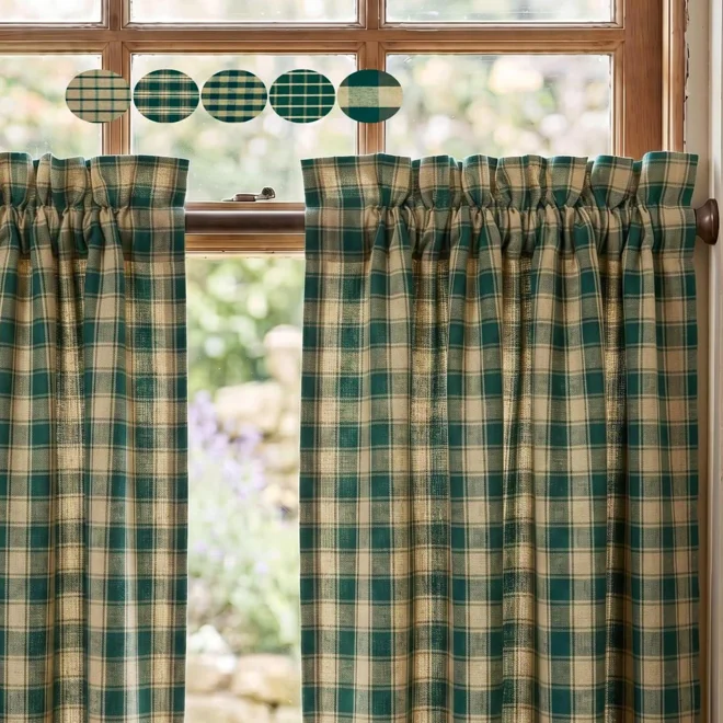 product Image for Green & Tan Plaid Curtains: Homespun Country Kitchen Tiers