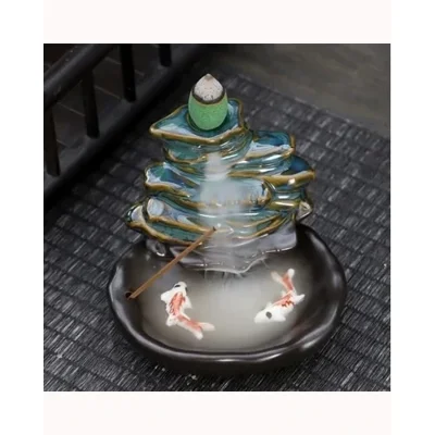 Mountain Moon Bamboo Lotus Ceramic Waterfall Backflow Incense Burner Fish