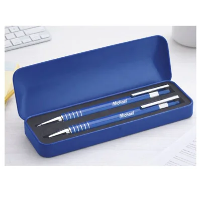 Personalised Ball pen set in metal box - blue
