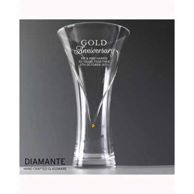Personalised Gold Anniversary Large Hand Cut Diamante Heart Vase