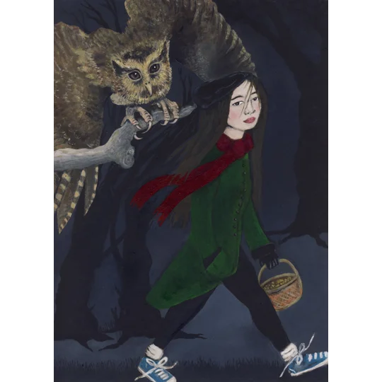 Young woman foraging in nighttime forest with basket, green jacket and red scarf. A huge owl is behind her in a tree. Oil painting on board, framed in gold edged wood. Fantasy, illustration art.
