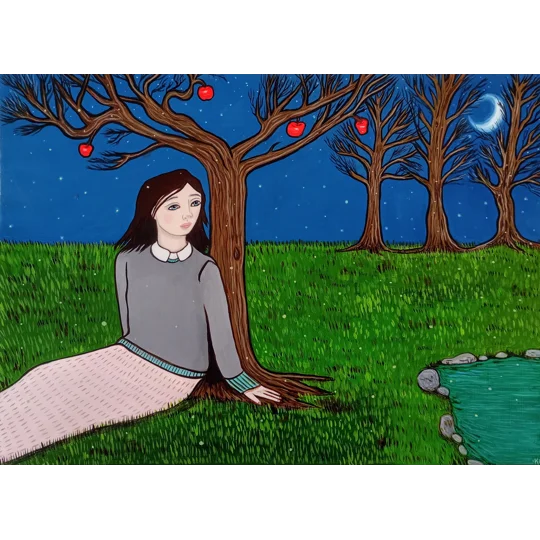 Original surreal oil portrait painting of a woman in a nighttime orchard with a pond, moon and stars.