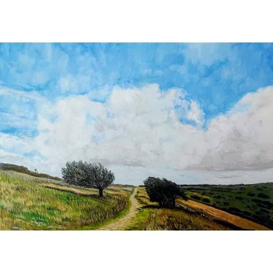 Original landscape painting in oil on paper of a classic rural English countryside scene, trees either side of a path through fields and large cloud filled blue sky.