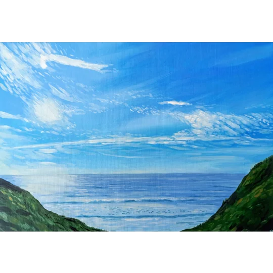 Original A4 seascape painting of Brook Beach on the Isle of Wight, a sunny warm view out to sea with the sloped grassy path either side.