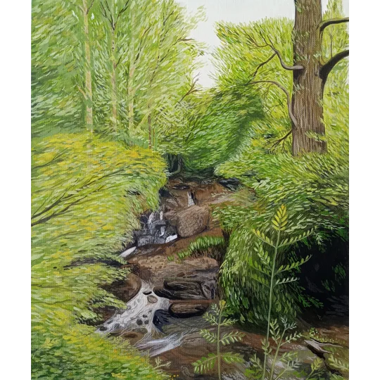 Original landscape painting of a forest stream in oil on canvas