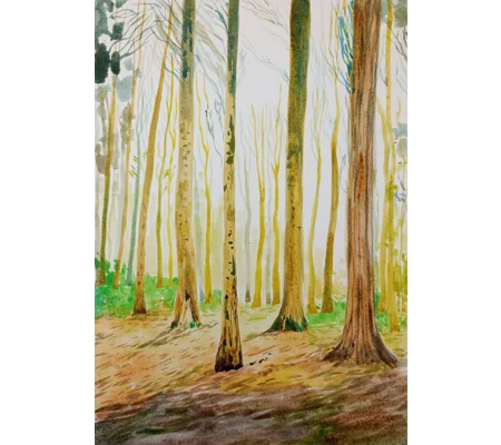 Yellow-Blue Forest - Original Gouache Landscape Painting on Paper