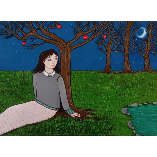 Night Orchard - Original Oil Painting on Paper