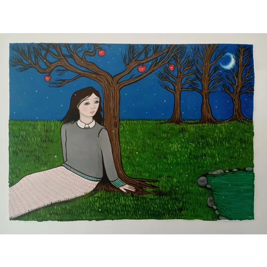 Night Orchard - Original Oil Painting on Paper