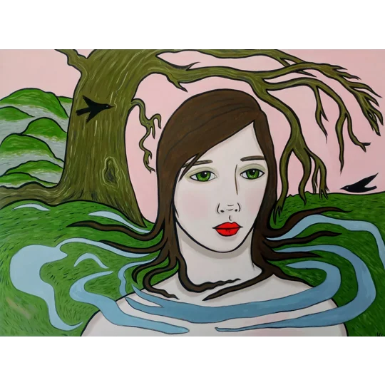 A woman in a forest scene with an ancient tree behind, black birds flying around and mist around her.