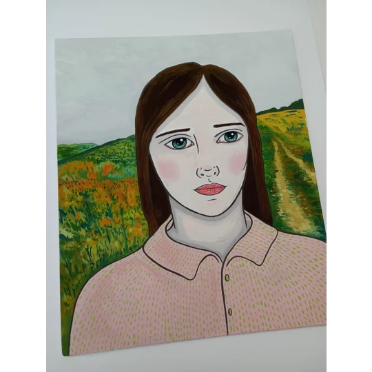 Studio close up of Original oil portrait painting of a woman in an English landscape on canvas board