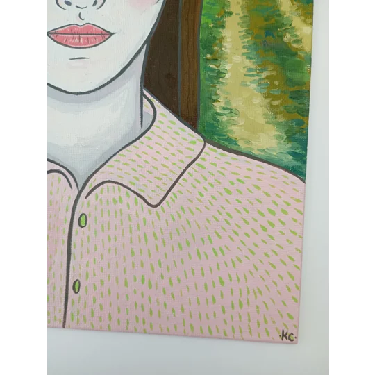 Close up signature of Original oil portrait painting of a woman in an English landscape on canvas board