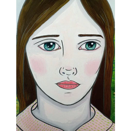 Close up face of Original oil portrait painting of a woman in an English landscape on canvas board