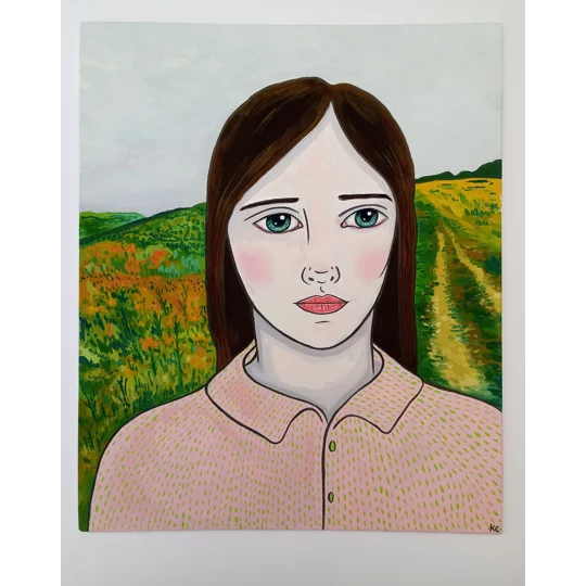 Studio view of Original oil portrait painting of a woman in an English landscape on canvas board