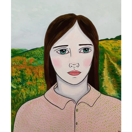 Original oil portrait painting of a woman in an English landscape on canvas board. Inspired by Mottistone on the Isle of Wight