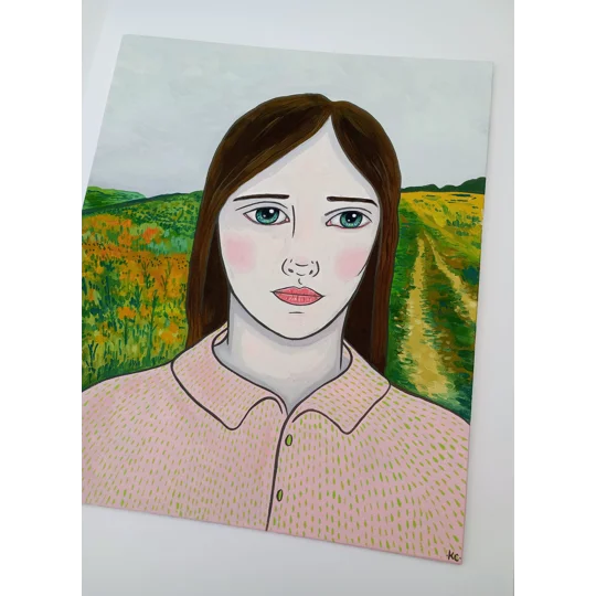 Studio angle view of Original oil portrait painting of a woman in an English landscape on canvas board