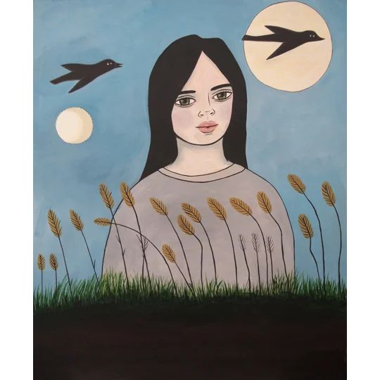 Surreal portrait painting of a woman in a field with long grass, two moons and birds flighing past