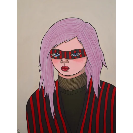 A4 Giclee Print of a surreal illustrative acrylic painting on wood, of a woman wearing a mask with anti hero, post-apocalyptic undertones.