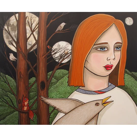 Surreal portrait painting of a woman in a woodland landscape with birds and a squirrel, with three moons in night sky
