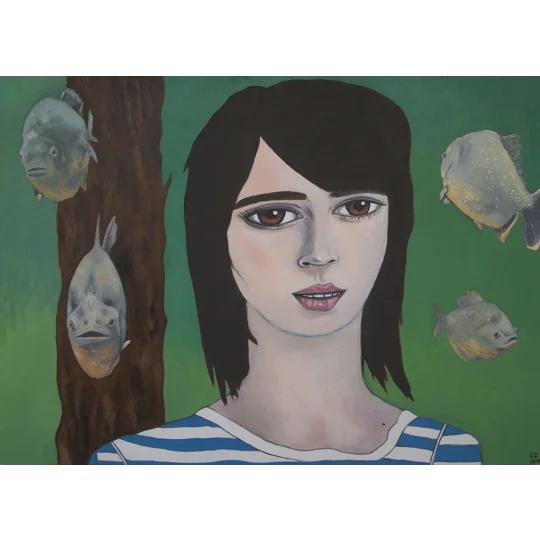 Surreal portrait painting of a woman in striped blue and white top surrounded by piranhas