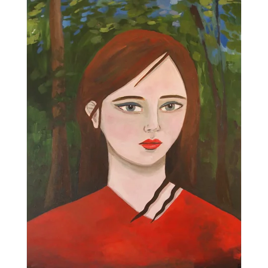 A4 Giclee Print of a woman wearing red in a woodland forest landscape, in a surreal naive style in acrylic.