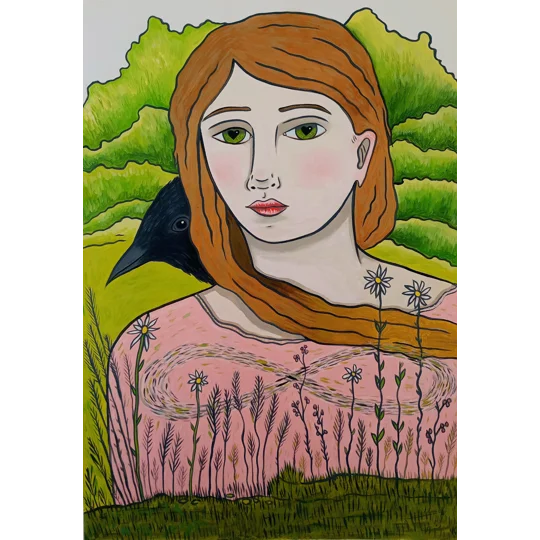 Original oil portrait painting of a woman in a landscape emerging from the earth with the symbol of infinity, a crow at her shoulder and hearts in her eyes.