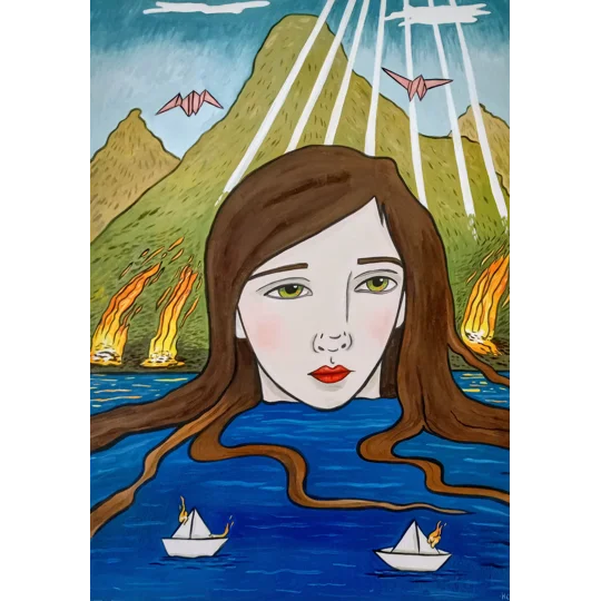 Original surreal oil portrait painting on paper of a woman in water, with a landscape behind, origami birds in the sky and boats on the water, fires in the background and on the paper boats.