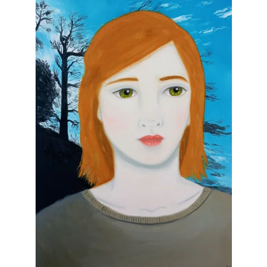 Original oil portrait painting of a red haired woman in a dramatic landscape with dark trees