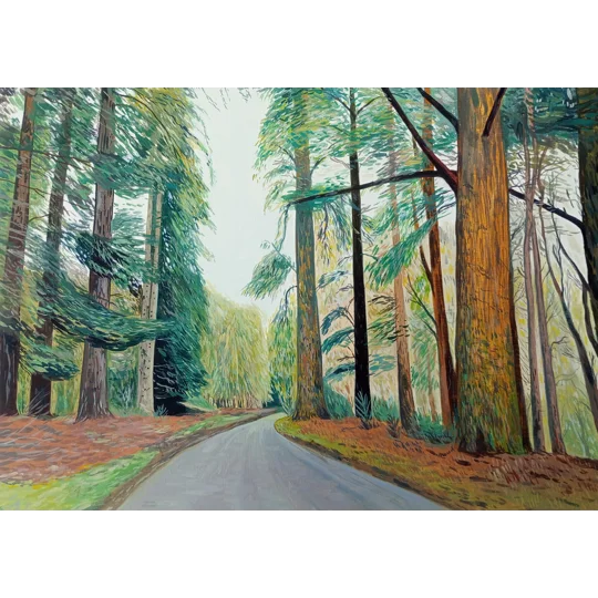 Original Oil Landscape Painting on Paper inspired by the New Forest, with a road going through ancient woodland and autumn colours.