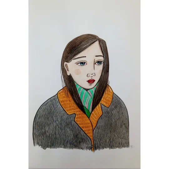 Original watercolour portrait painting on paper or a woman in a coat and scarf.
