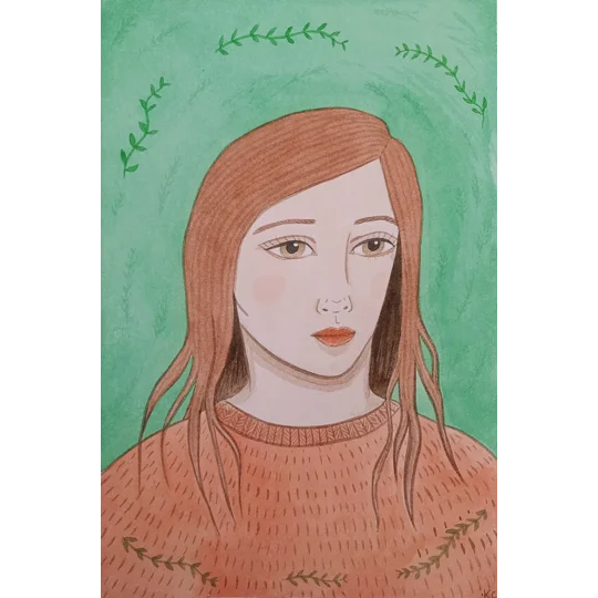 Original surreal watercolour portrait painting on paper inspired by Autumn, with brown, orange and green, and sprigs around her in a cosy jumper.