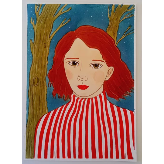 Red Stripes - Original Watercolour Ink Surreal Portrait Painting on Paper