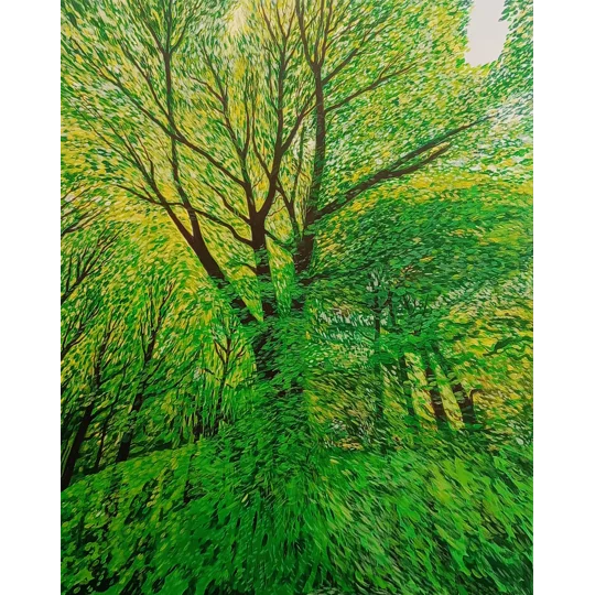 Original landscape painting on canvas of a tree centered in bright woodland.