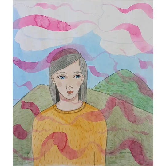 Original surreal portrait painting in watercolour on paper, of a woman wearing yellow in a mountain scene with abstracted brush marks on top.