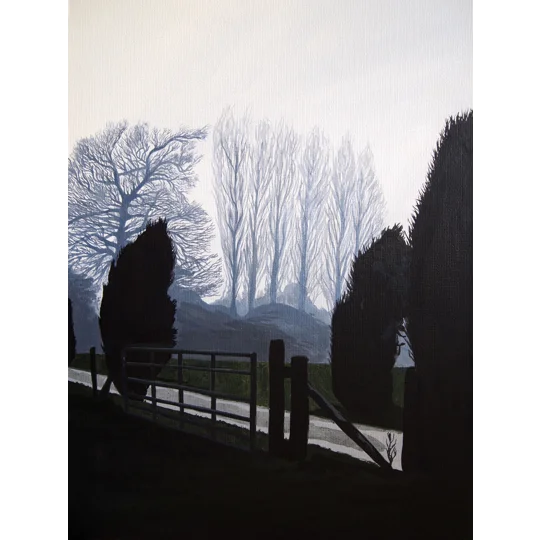 Giclee Print of an original acrylic landscape painting of misty trees in an atmospheric wintery scene. Inspired by Quarr Abbey grounds on the Isle of Wight.